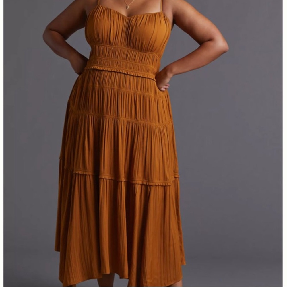 Anthropology Ruched Slip Midi Tiered Dress